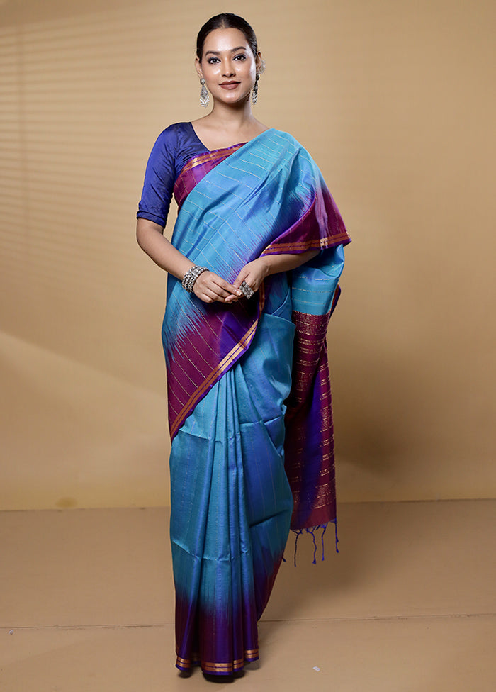 Blue Handloom Kanjivaram Pure Silk Saree With Blouse Piece