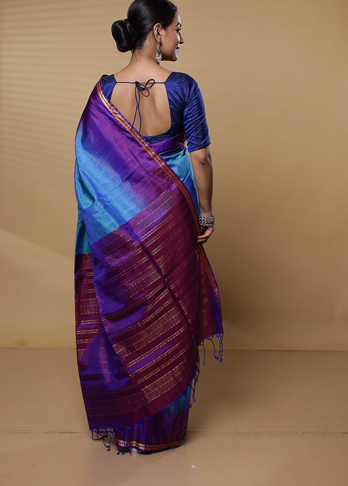 Blue Handloom Kanjivaram Pure Silk Saree With Blouse Piece