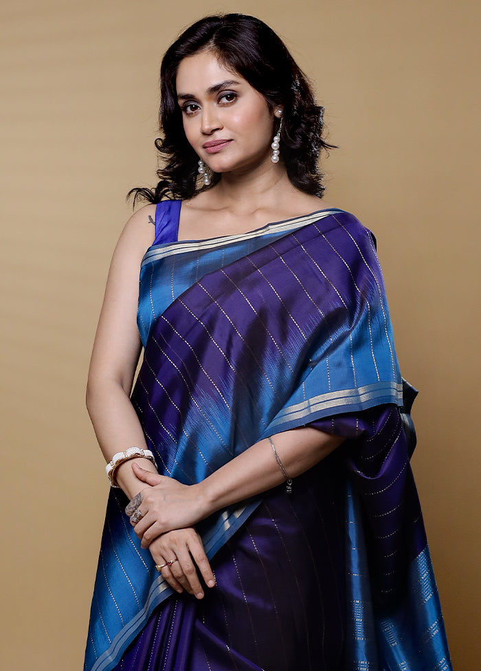 Blue Handloom Kanjivaram Pure Silk Saree With Blouse Piece