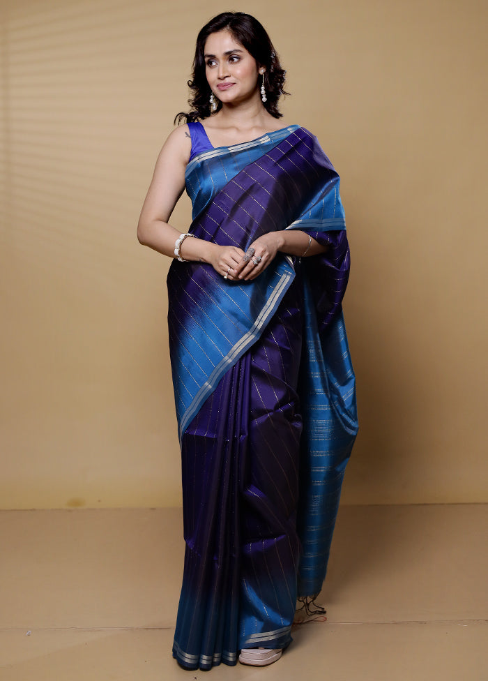 Blue Handloom Kanjivaram Pure Silk Saree With Blouse Piece