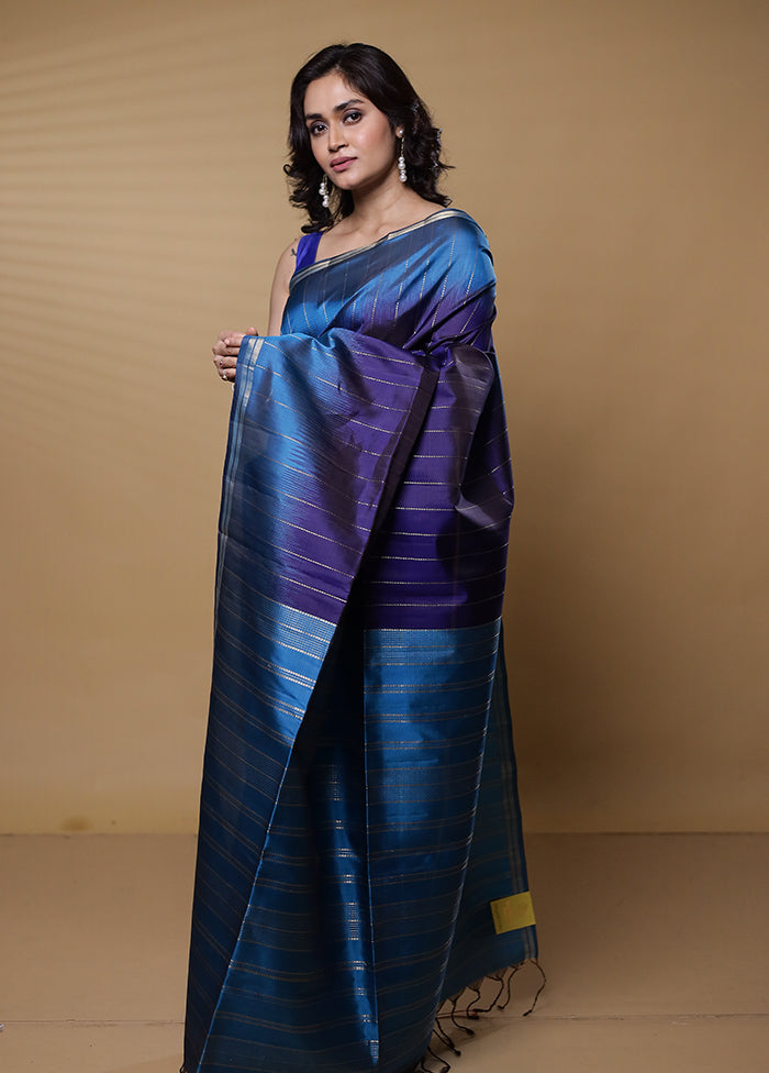 Blue Handloom Kanjivaram Pure Silk Saree With Blouse Piece