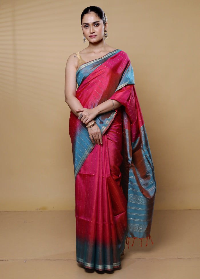 Pink Handloom Kanjivaram Pure Silk Saree With Blouse Piece