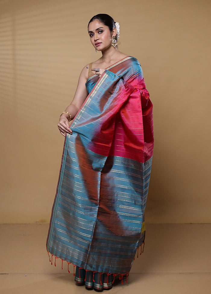 Pink Handloom Kanjivaram Pure Silk Saree With Blouse Piece