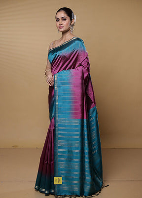 Purple Handloom Kanjivaram Pure Silk Saree With Blouse Piece