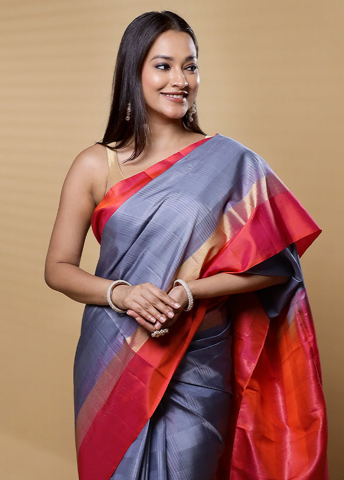 Grey Handloom Kanjivaram Pure Silk Saree With Blouse Piece