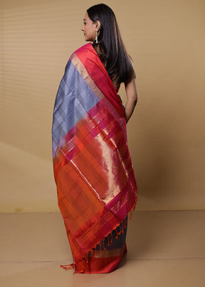 Grey Handloom Kanjivaram Pure Silk Saree With Blouse Piece