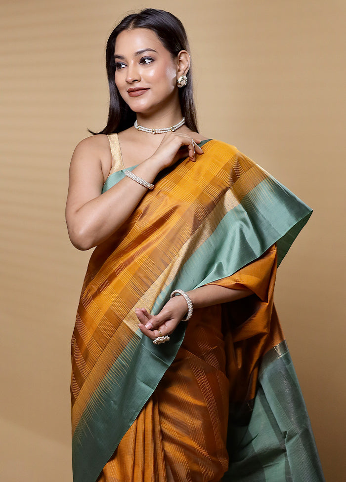 Yellow Handloom Kanjivaram Pure Silk Saree With Blouse Piece