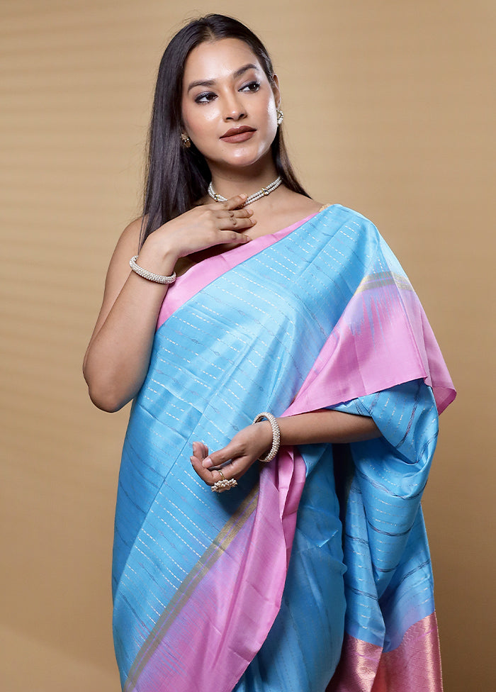 Blue Handloom Kanchipuram Pure Silk Saree With Blouse Piece