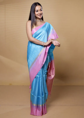 Blue Handloom Kanchipuram Pure Silk Saree With Blouse Piece