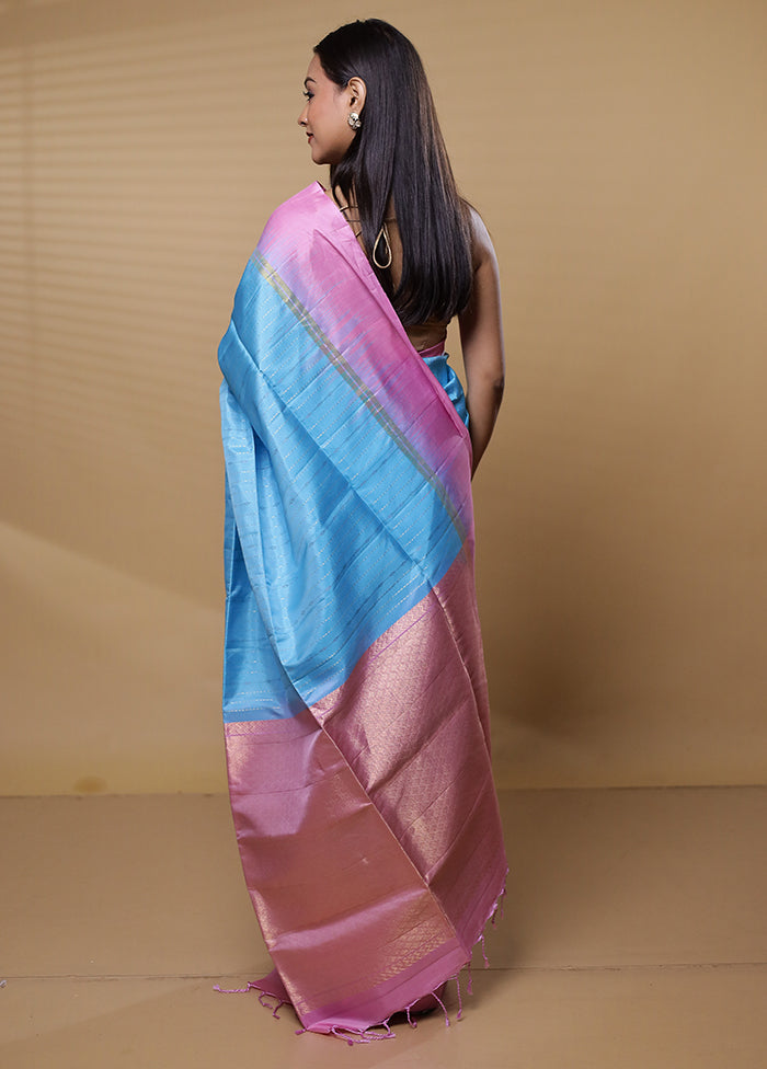 Blue Handloom Kanchipuram Pure Silk Saree With Blouse Piece