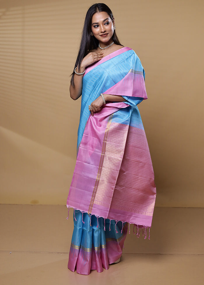 Blue Handloom Kanchipuram Pure Silk Saree With Blouse Piece