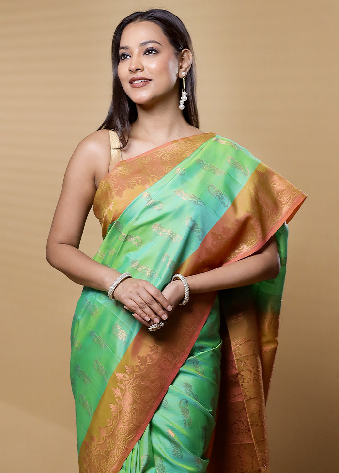 Green Handloom Kanjivaram Pure Silk Saree With Blouse Piece