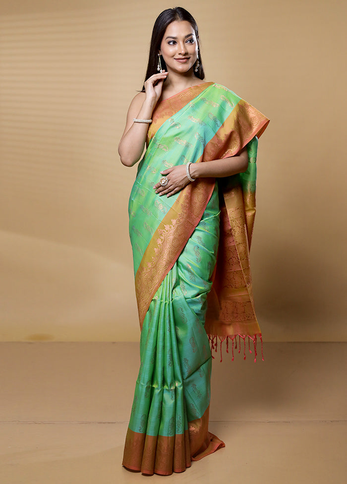 Green Handloom Kanjivaram Pure Silk Saree With Blouse Piece