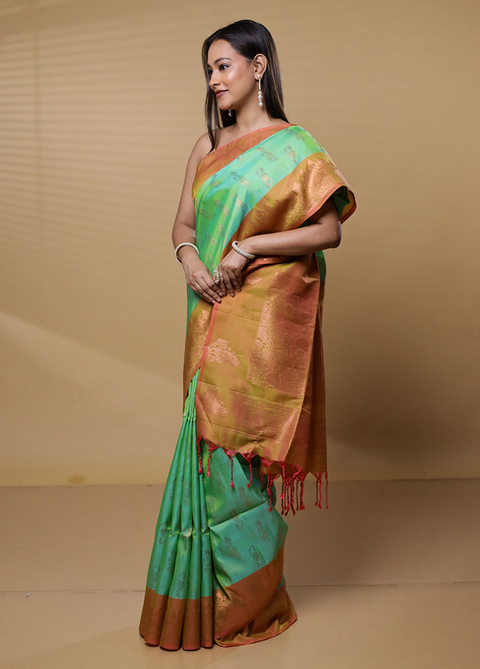 Green Handloom Kanjivaram Pure Silk Saree With Blouse Piece