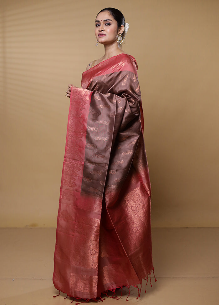 Brown Handloom Kanjivaram Pure Silk Saree With Blouse Piece