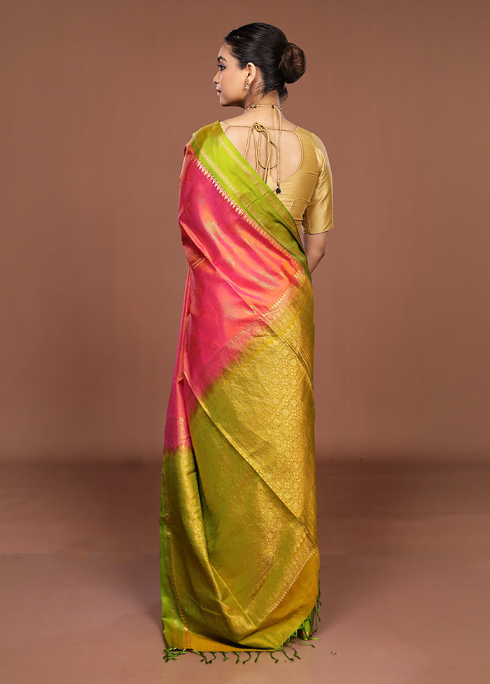 Pink Handloom Kanchipuram Pure Silk Saree With Blouse Piece