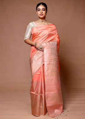 Peach Handloom Kanchipuram Pure Silk Saree With Blouse Piece