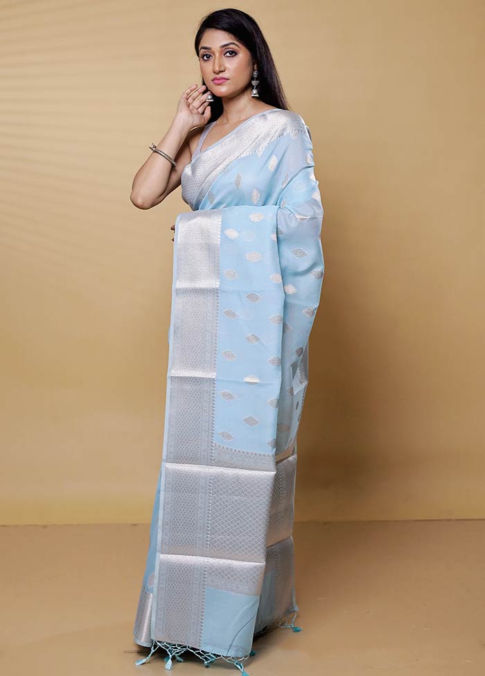 Blue Kora Silk Saree With Blouse Piece