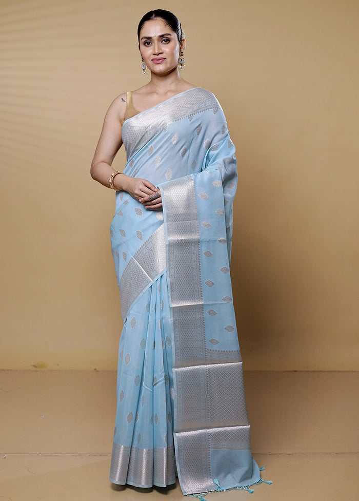 Blue Kora Silk Saree With Blouse Piece