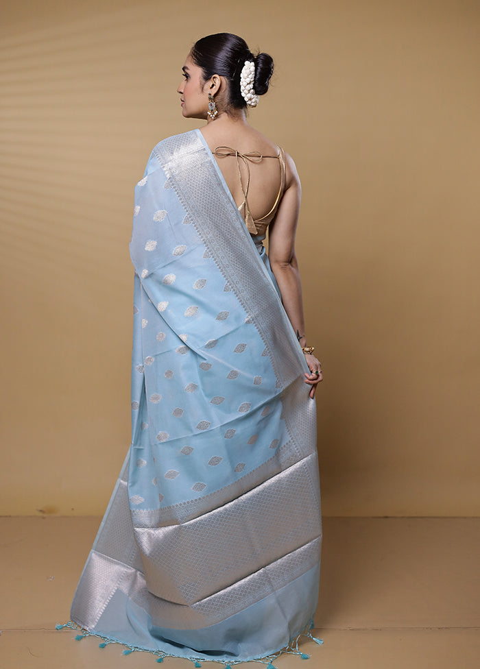 Blue Kora Silk Saree With Blouse Piece