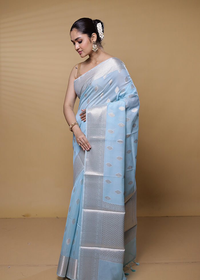 Blue Kora Silk Saree With Blouse Piece