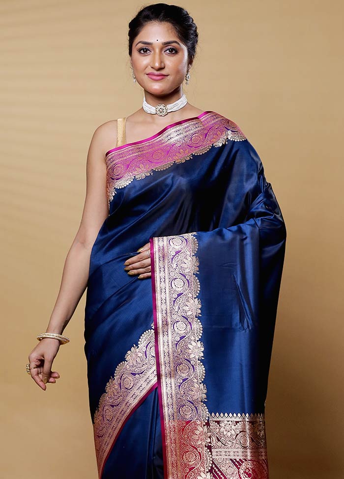 Blue Banarasi Silk Saree With Blouse Piece