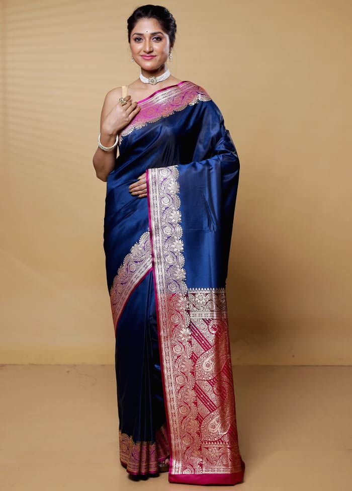 Blue Banarasi Silk Saree With Blouse Piece