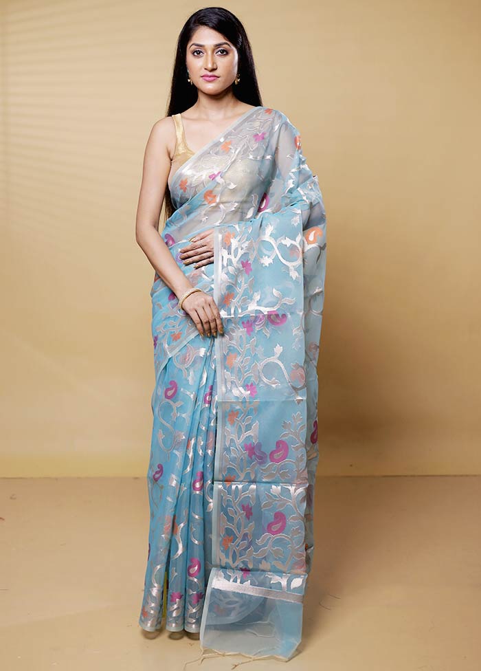 Blue Organza Saree With Blouse Piece