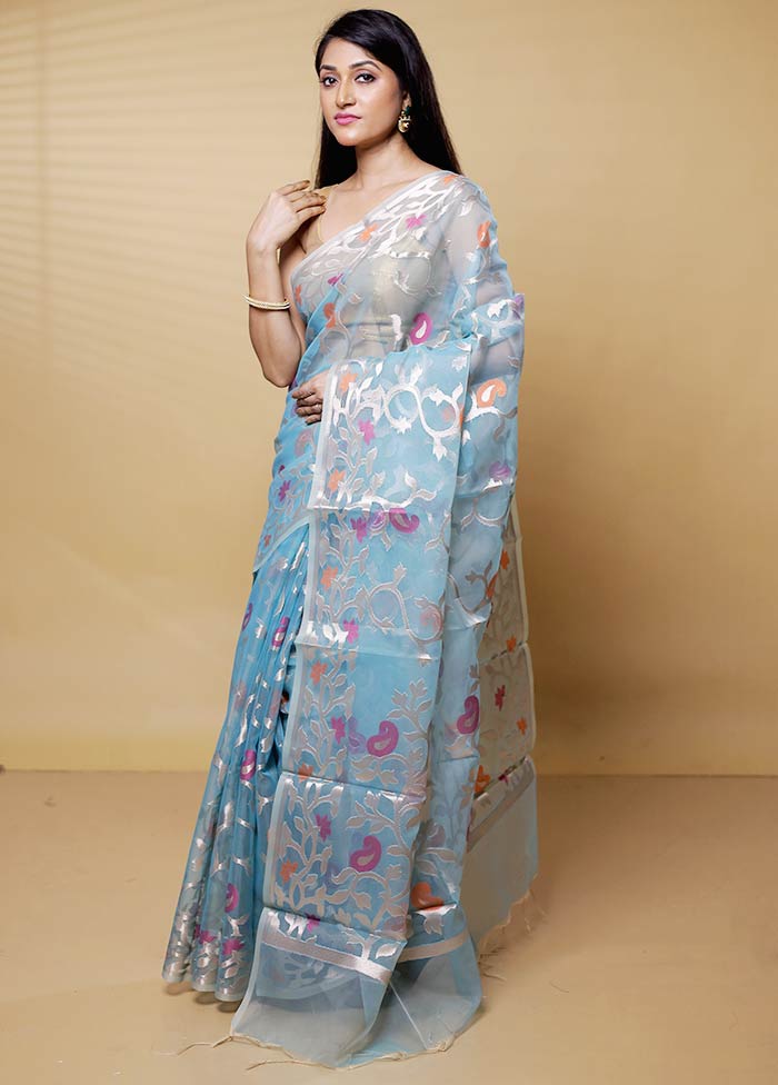 Blue Organza Saree With Blouse Piece