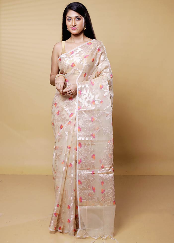 Cream Organza Saree With Blouse Piece