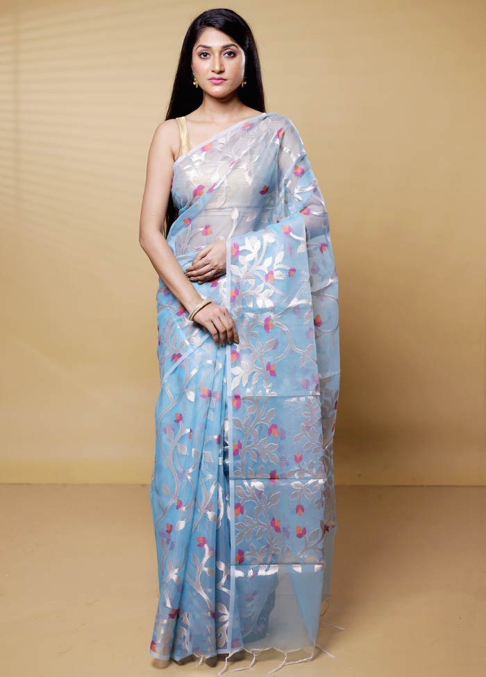 Blue Organza Saree With Blouse Piece