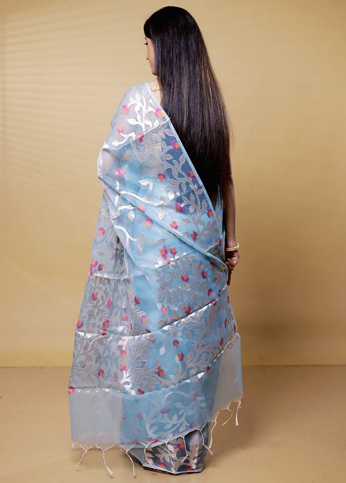 Blue Organza Saree With Blouse Piece