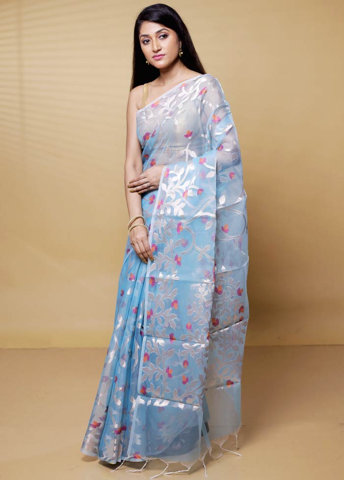 Blue Organza Saree With Blouse Piece