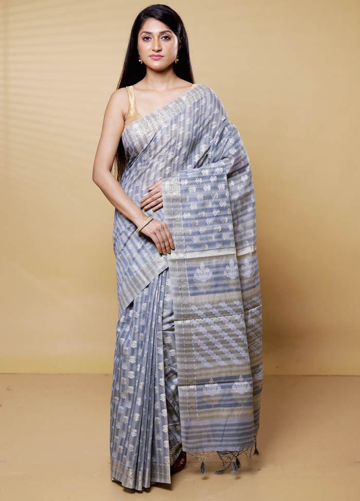 Grey Kora Silk Saree With Blouse Piece