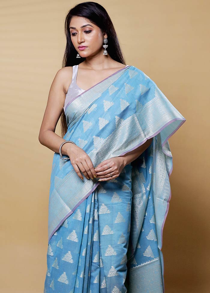 Blue Kora Silk Saree With Blouse Piece