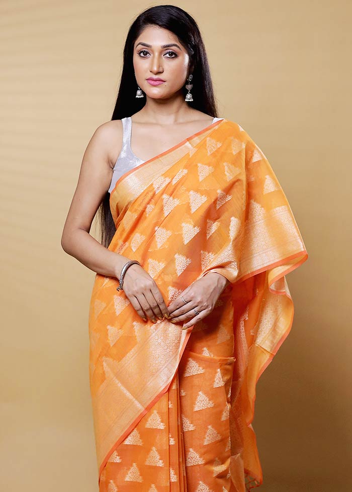 Orange Kora Silk Saree With Blouse Piece