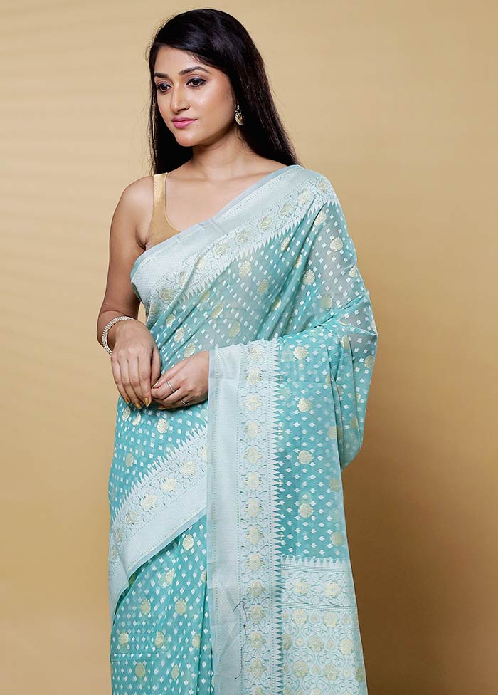 Blue Kora Silk Saree With Blouse Piece