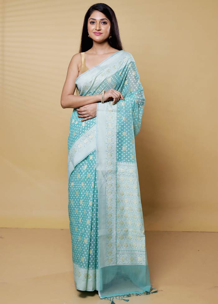 Blue Kora Silk Saree With Blouse Piece