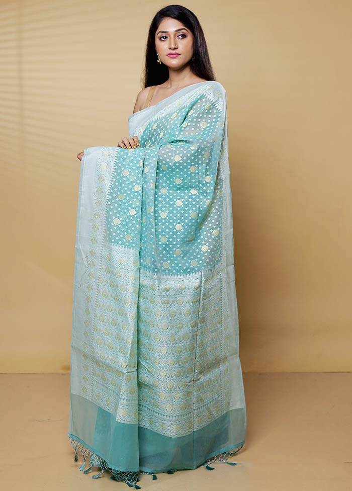 Blue Kora Silk Saree With Blouse Piece