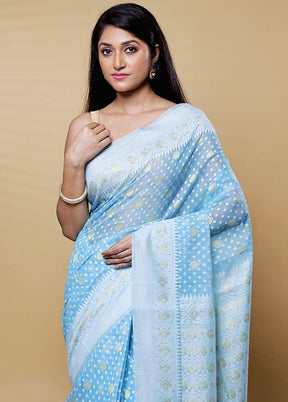 Blue Kora Silk Saree With Blouse Piece