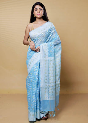 Blue Kora Silk Saree With Blouse Piece