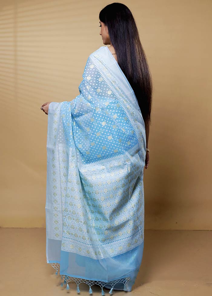 Blue Kora Silk Saree With Blouse Piece