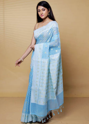 Blue Kora Silk Saree With Blouse Piece