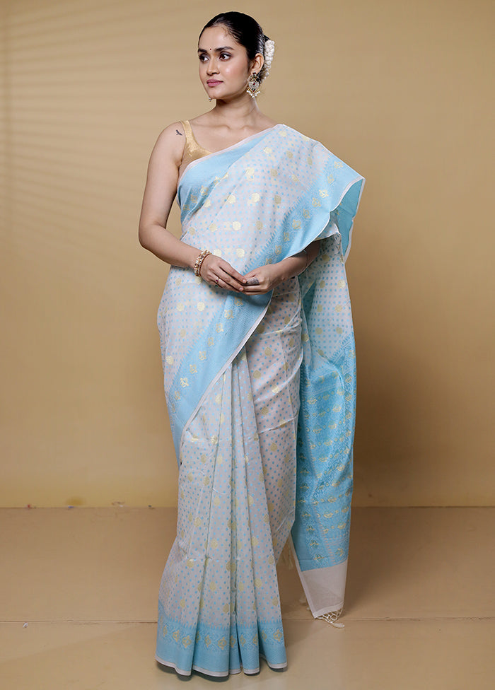 Blue Kora Silk Saree With Blouse Piece