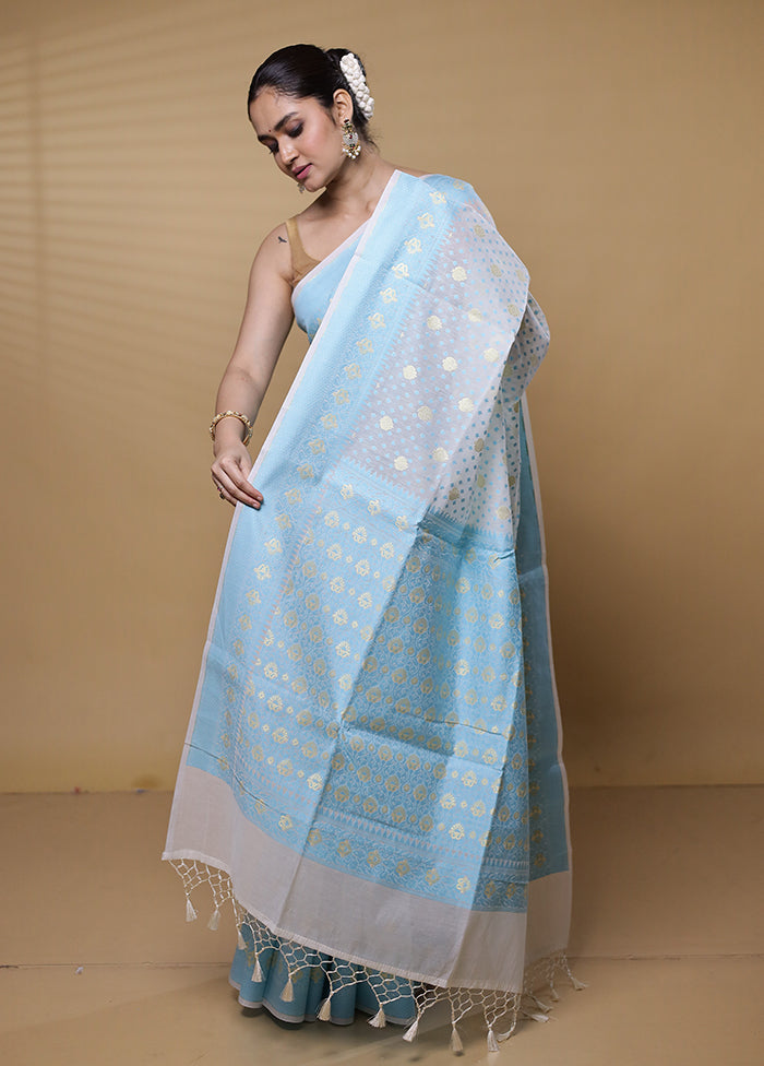 Blue Kora Silk Saree With Blouse Piece