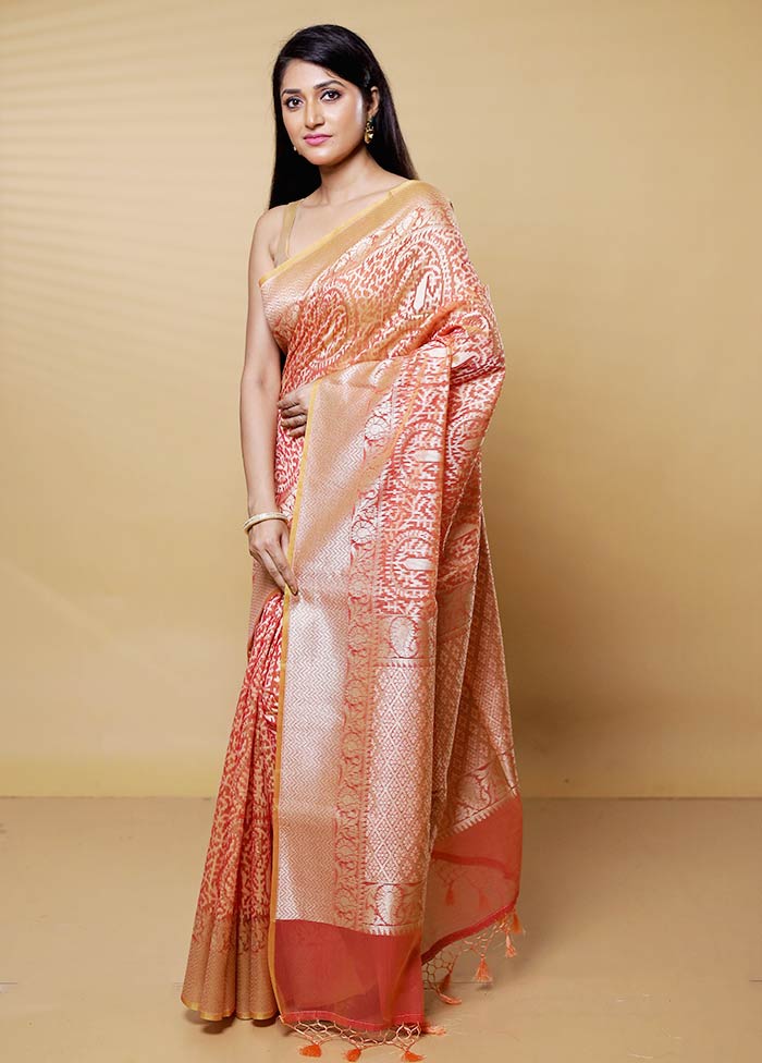 Orange Kora Silk Saree With Blouse Piece