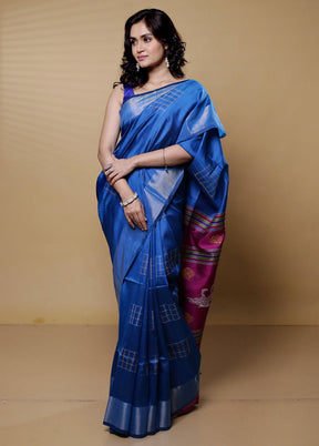 Blue Kalakshetra Kanjivaram Silk Saree With Blouse Piece