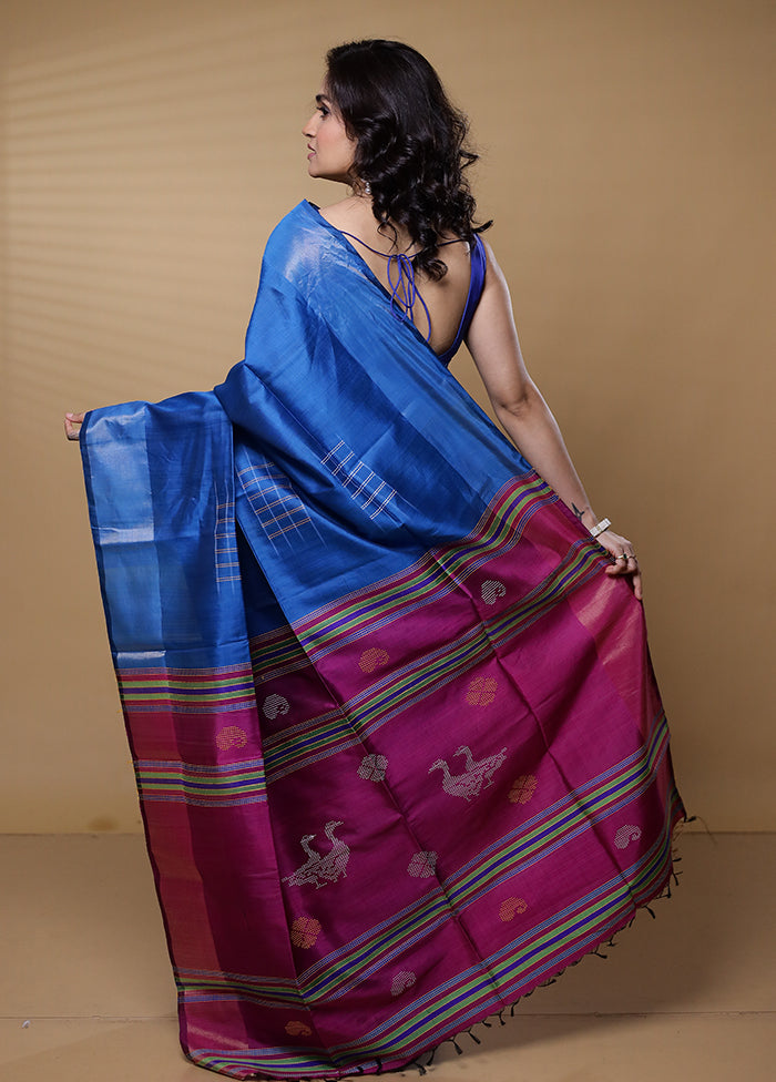 Blue Kalakshetra Kanjivaram Silk Saree With Blouse Piece