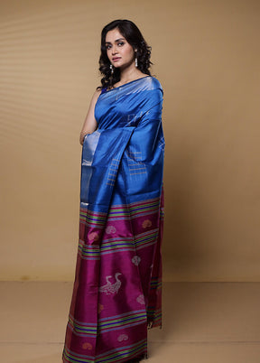 Blue Kalakshetra Kanjivaram Silk Saree With Blouse Piece