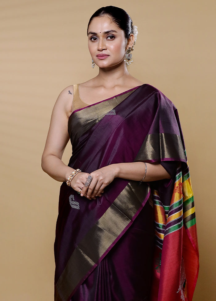 Purple Kalakshetra Kanjivaram Silk Saree With Blouse Piece